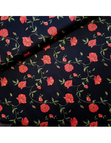 Tissu, Popeline de Coton Coquelicots, Noir Imprimé, Laize 150 cm, 100% Coton Oeko-Tex 115g/m²