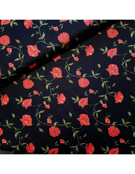 Tissu, Popeline de Coton Coquelicots, Noir Imprimé, Laize 150 cm, 100% Coton Oeko-Tex 115g/m²