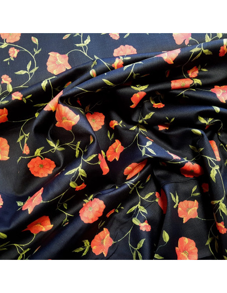 Tissu, Popeline de Coton Coquelicots, Noir Imprimé, Laize 150 cm, 100% Coton Oeko-Tex 115g/m²