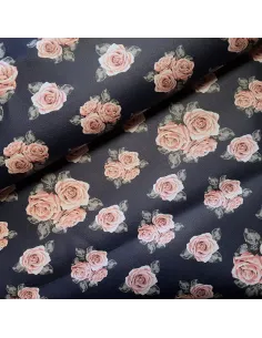 Tissu, Simili Cuir Imprimé Roses, Bleu Marine, Laize 140 cm, 82% PVC 18% Polyester