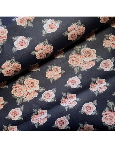Tissu, Simili Cuir Imprimé Roses, Bleu Marine, Laize 140 cm, 82% PVC 18% Polyester