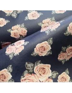Tissu, Simili Cuir Imprimé Roses, Bleu Marine, Laize 140 cm, 82% PVC 18% Polyester 2