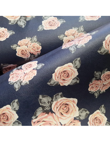 Tissu, Simili Cuir Imprimé Roses, Bleu Marine, Laize 140 cm, 82% PVC 18% Polyester