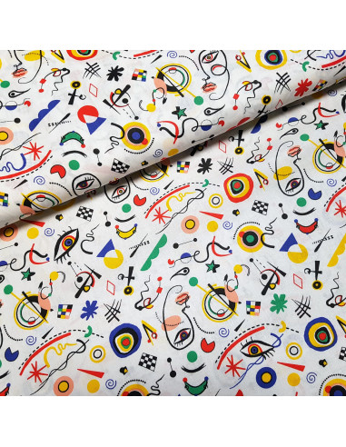 Tissu, Cretonne de Coton Motifs Vassily Multicolores, sur Fond Blanc, Laize 150 cm, 100% Coton 140g/m²