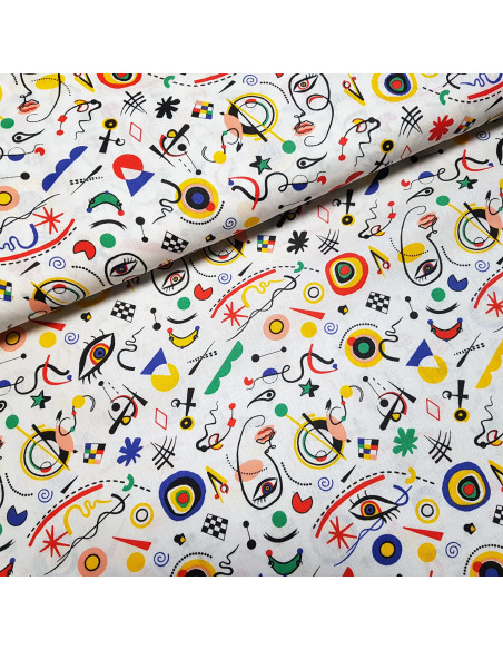 Tissu, Cretonne de Coton Motif Abstrait Multicolore, Blanc Multicolore, Laize 150 cm, 100% Coton