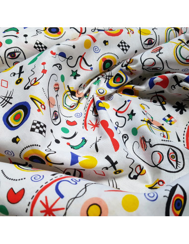 Tissu, Cretonne de Coton Motif Abstrait Multicolore, Blanc Multicolore, Laize 150 cm, 100% Coton