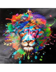 Tissu, Simili Cuir Imprimé, Lion Multicolore, Panneau 44x44 cm, 76% PVC