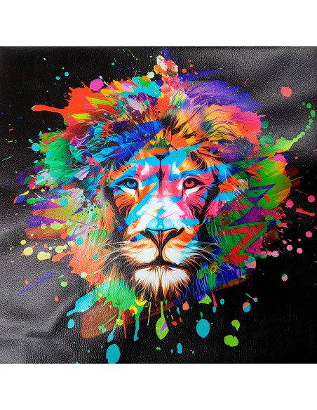 Panneau carré simili cuir, le lion multico