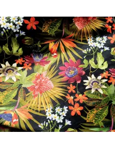 Tissu, Velours Impression Numérique Fleurs Exotiques, Fond Noir, Laize 140 cm, 100% Polyester 310g/m²