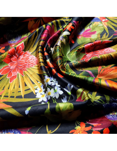 Tissu, Velours Impression Numérique Fleurs Exotiques, Fond Noir, Laize 140 cm, 100% Polyester 310g/m²