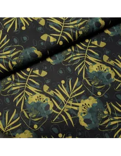 Tissu, French Terry, Feuilles Olive sur Fond Noir, Laize 150 cm, Coton Stretch Oeko-Tex