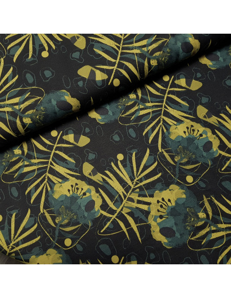 Tissu, French Terry, Feuilles Olive sur Fond Noir, Laize 150 cm, Coton Stretch Oeko-Tex