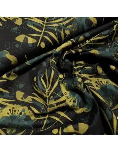 Tissu, French Terry, Feuilles Olive sur Fond Noir, Laize 150 cm, Coton Stretch Oeko-Tex 2