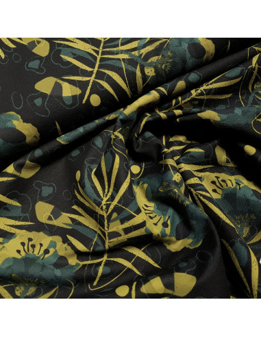 Tissu, French Terry, Feuilles Olive sur Fond Noir, Laize 150 cm, Coton Stretch Oeko-Tex