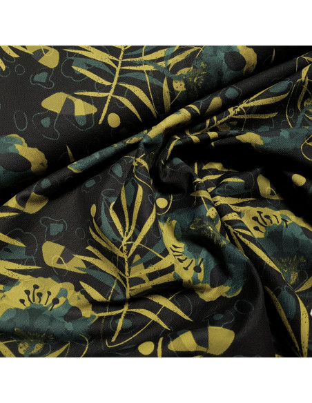 Tissu, French Terry, Feuilles Olive sur Fond Noir, Laize 150 cm, Coton Stretch Oeko-Tex