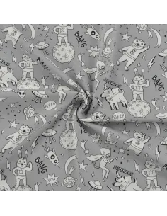 Tissu, Jersey de Coton Imprimé Super Ourson Magique, Change de Couleur au Soleil, Laize 150 cm, Coton Stretch Oeko-Tex 2