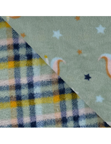 Tissu, Polaire Doudou Imprimée Double Face, Multicolore Licornes & Carreaux, Laize 150 cm, 100% Polyester