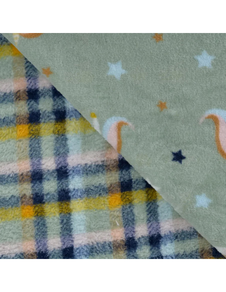 Tissu, Polaire Doudou Imprimée Double Face, Multicolore Licornes & Carreaux, Laize 150 cm, 100% Polyester