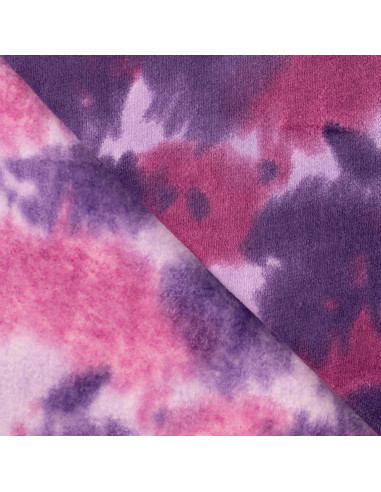 Tissu, Polaire Doudou Imprimée Tie & Dye, Violet, Laize 150 cm, 100% Polyester