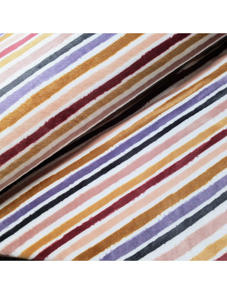 Tissu, Polaire Doudou Imprimée Rayures, Rose Poudré, Laize 150 cm, 100% Polyester