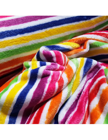 Tissu, Polaire Doudou Imprimée, Rayures Arc-en-ciel, Laize 150 cm, 100% Polyester 250g/m²