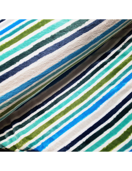 Tissu, Polaire Doudou Imprimée Rayures, Bleues et Vertes, Laize 150 cm, 100% Polyester 250g/m²