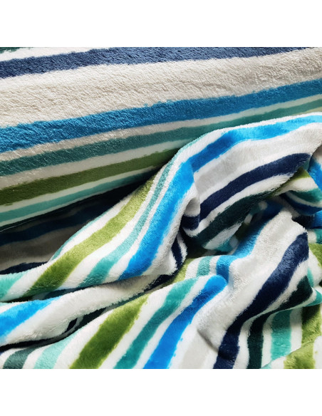 Tissu, Polaire Doudou Imprimée Rayures, Bleues et Vertes, Laize 150 cm, 100% Polyester 250g/m²