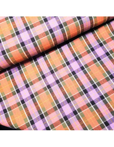 Tissu, Tartan Écossais, Violet Prune et Rose Fushia, Laize 145 cm, Polyester et Coton