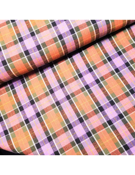 Tissu, Tartan Écossais, Violet Prune et Rose Fushia, Laize 145 cm, Polyester et Coton