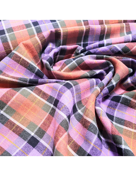Tissu, Tartan Écossais, Violet Prune et Rose Fushia, Laize 145 cm, Polyester et Coton