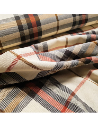 Tissu, Tartan Écossais, Écru Doux et Terra Cotta Chaleureux, Laize 145 cm, Viscose Polyester Spandex 324g/ml