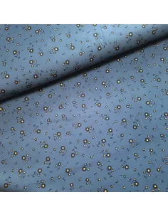 Tissu, Velours Milleraies Fleurs Cœurs Dorés, Bleu Jeans, Laize 145 cm, 100% Coton 210g/ml