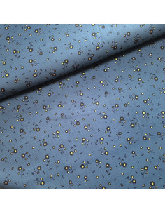 Velours milleraies, fleurs cœurs dorés, bleu jeans