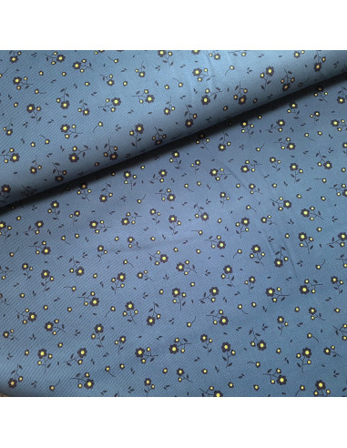 Tissu, Velours Milleraies Fleurs Cœurs Dorés, Bleu Jeans, Laize 145 cm, 100% Coton 210g/ml