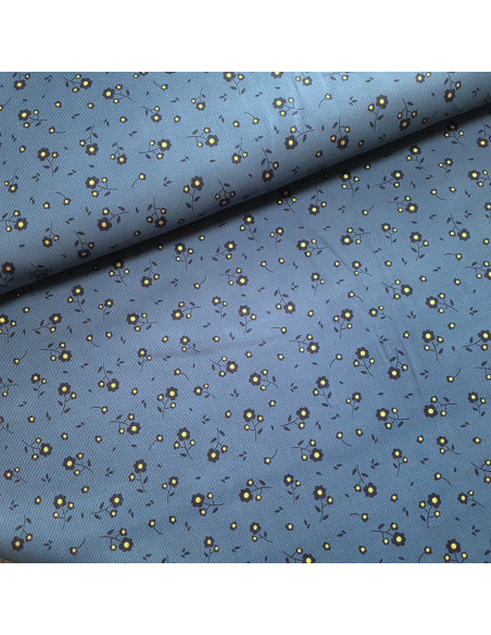 Tissu, Velours Milleraies Fleurs Cœurs Dorés, Bleu Jeans, Laize 145 cm, 100% Coton 210g/ml