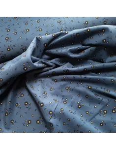 Tissu, Velours Milleraies Fleurs Cœurs Dorés, Bleu Jeans, Laize 145 cm, 100% Coton 210g/ml 2