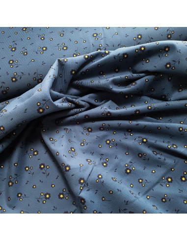Tissu, Velours Milleraies Fleurs Cœurs Dorés, Bleu Jeans, Laize 145 cm, 100% Coton 210g/ml