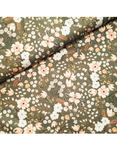 Popeline de coton, fleurs, kaki