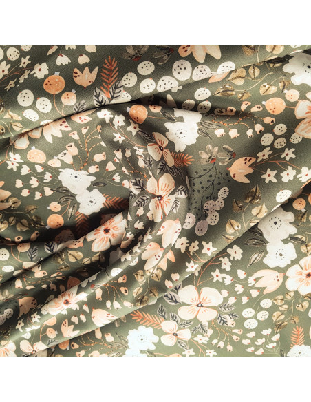 Tissu, Popeline de Coton Fleurie, Kaki, Laize 140 cm, 100% Coton 115g/m²