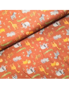 Tissu, Popeline de Coton Animaux de la Jungle, Terra Cotta, Laize 140 cm, 100% Coton 161g/ml