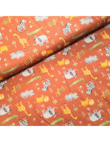 Tissu, Popeline de Coton Animaux de la Jungle, Terra Cotta, Laize 140 cm, 100% Coton 161g/ml