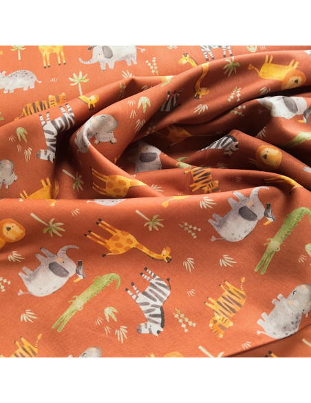 Tissu, Popeline de Coton Animaux de la Jungle, Terra Cotta, Laize 140 cm, 100% Coton 161g/ml