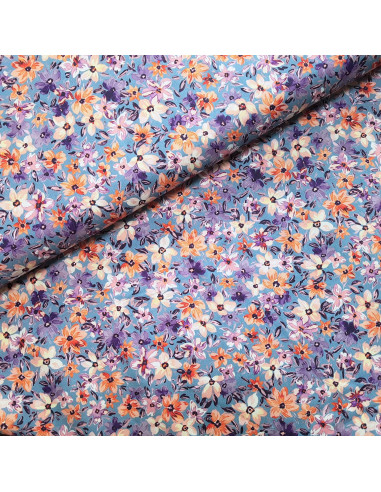 Tissu, Popeline de Coton Fleurie, Violet, Laize 140 cm, 100% Coton 161g/m²
