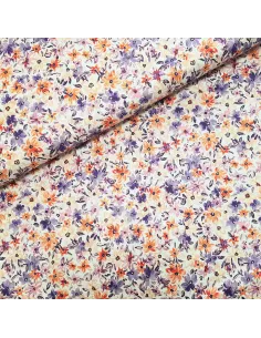 Tissu, Popeline de Coton Fleurie, Orange, Laize 140 cm, 100% Coton 161g/m²
