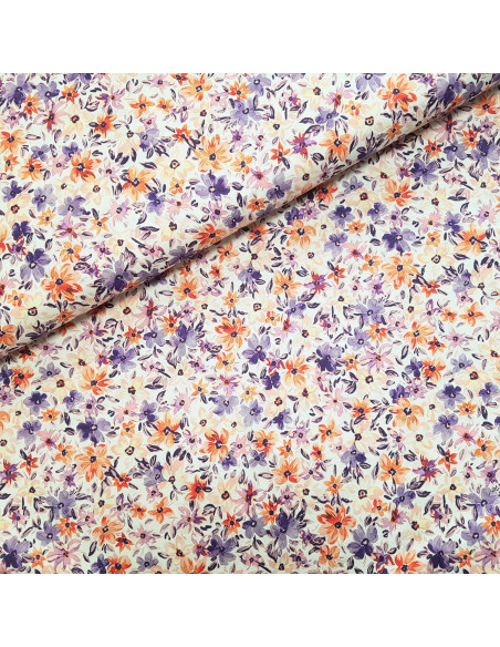 Tissu, Popeline de Coton Fleurie, Orange, Laize 140 cm, 100% Coton 161g/m²