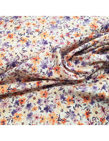 Tissu, Popeline de Coton Fleurie, Orange, Laize 140 cm, 100% Coton 161g/m²