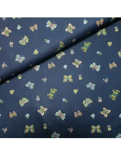 Tissu, Popeline de Coton Papillons, Bleu Marine, Laize 140 cm, 100% Coton 115g/m²