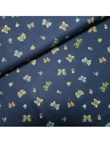 Tissu, Popeline de Coton Papillons, Bleu Marine, Laize 140 cm, 100% Coton 115g/m²