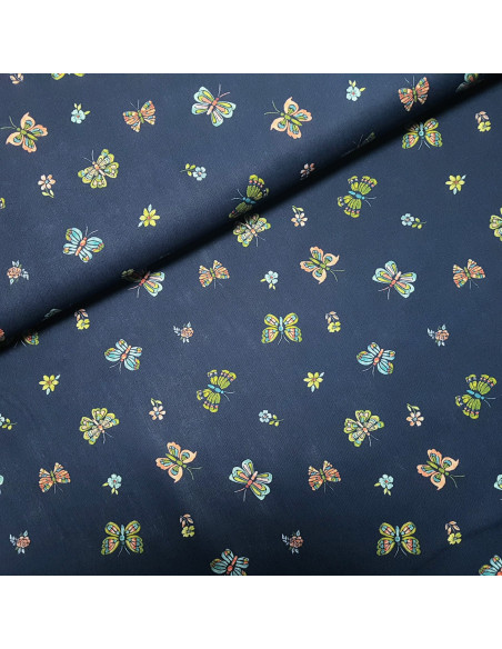 Tissu, Popeline de Coton Papillons, Bleu Marine, Laize 140 cm, 100% Coton 115g/m²