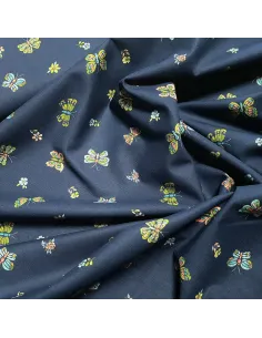 Tissu, Popeline de Coton Papillons, Bleu Marine, Laize 140 cm, 100% Coton 115g/m² 2